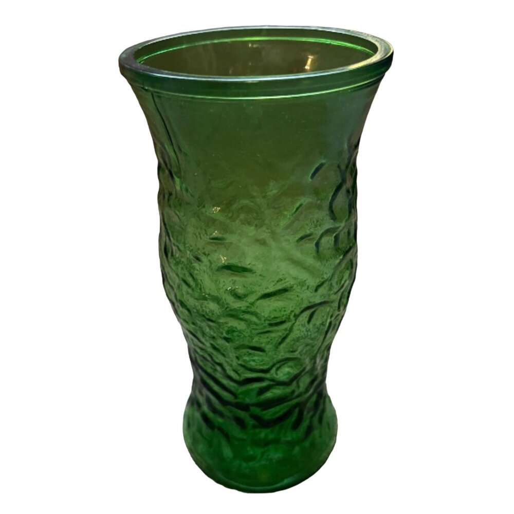 Vintage Hoosier Glass Green Textured Vase 10" Embossed Floral Design